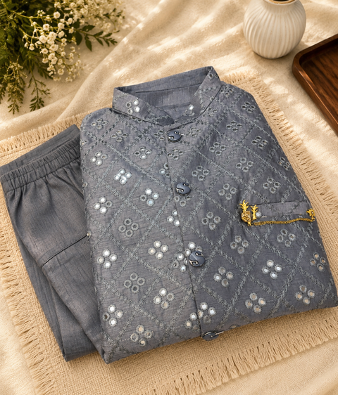 Mirror Work Jacket With Raw Silk Based Kurta & pants (slight variation in color and design is possible )