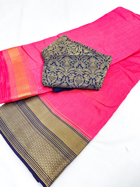 Soft Silk based Broad zari border Saree with Contrast Brocade silk based Blouse