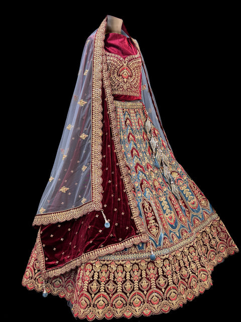 (Video Clip attached)Velvet based hand work with stones work two toned design Heavy Ken ken Bridal designer lehnga with heavy handwork blouse and two Dupatta , with netting and with velvet and heavy latkans