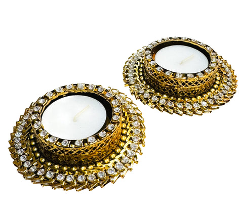 (Pair ) Hard metal based with crystal stone work (candles attached ) Piece for Diwali Decoration