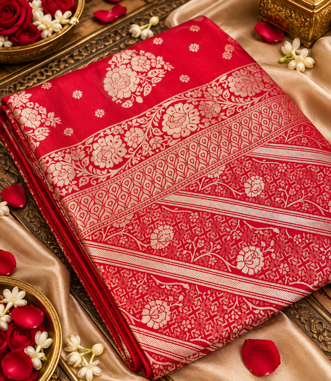 Luxuriously soft silk saree with a smooth, lightweight feel and beautifully flowy drape. Featuring rich woven zari floral motifs and an elegant detailed border .Blouse piece included. Slight variation in colour and design is possible.