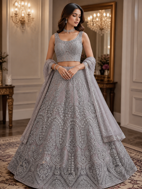 (Video clip attached)Heavy hand work designer stylish Blouse with very very heavy flared netting based  hand work princess style lehnga and dupatta