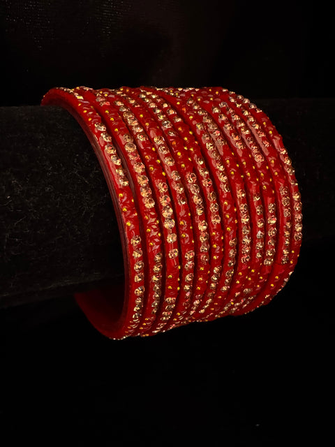 Deep Red color Golden stone work beautiful Glass Bangles (1 Dozen in 1 pack ) Price per pack