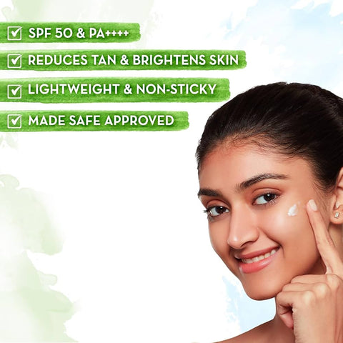 MAMAEARTH Ubtan Detan Sunscreen with SPF 50 & PA++++ | Broad Spectrum Protection | Helps Reduce Tanning with Turmeric & Saffron | Non-Greasy & Lightweight | 1.76 Oz/50g