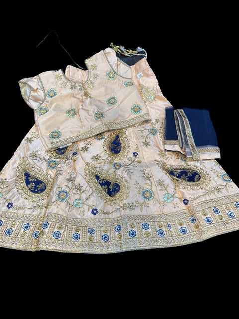 Pastel rosegold colour silk based embroidered lehnga with contrast netting dupatta