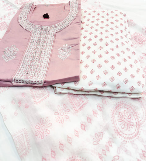 Silk based embroidery & sequined work designer kameez with silk based printed salwar and chiffon based printed dupatta