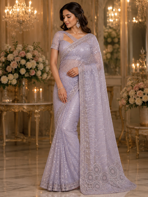 Heavy work designer Saree with netting base fabric and stones work design all over with heavy embroidery .The Blouse Worn By The Model Is For Reference Purposes Only. The Actual Blouse Piece Comes Attached With Saree(Slight Variations Are Possible)