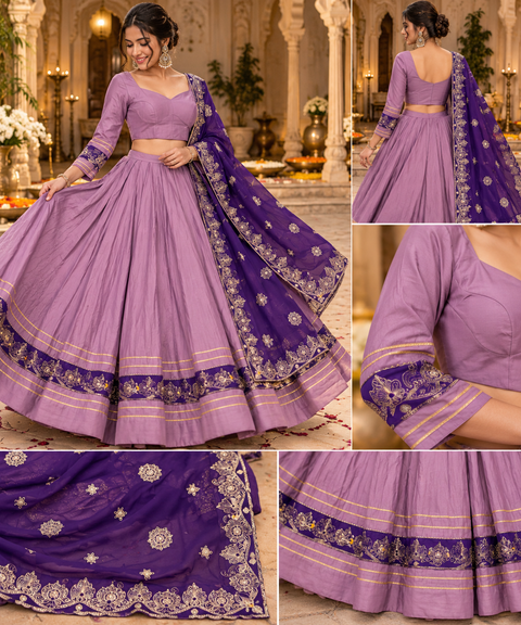Beautiful Lavender & Purple Lehenga Choli Set featuring a graceful flared skirt with rich embroidered border, matching sweetheart-neck blouse with detailed 3/4 sleeves, and a contrasting purple dupatta(slight variation in color and design is possible )