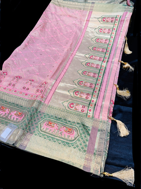 (Video clip attached ) Soft tissue silk embroidery saree with stone work and tessels attach