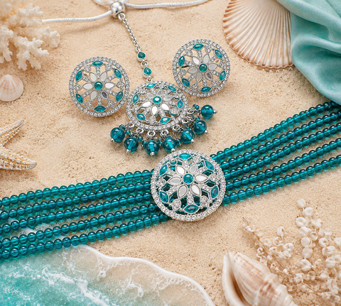Mirrors with Jerkan fine stone with pearls beaded choker set with beautiful studs & tikka