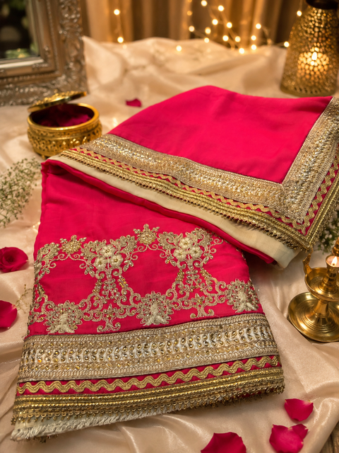 Elegant Georgette Saree featuring a beautiful heavy embroidered border for a graceful festive look. Comes with an unstitched blouse piece,blouse worn by the model is for reference purposes only. Slight variation in color & design may occur