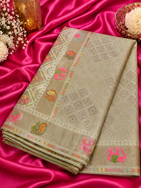 Elephant Peacock design Soft Banarasi Silk brocade saree with stone work and tessels attach on Pallu Model-Worn Blouse Is For Reference Only. Unstitched Blouse Piece Is Attached With Saree(Slight Variation In Color & Design Is Possible)