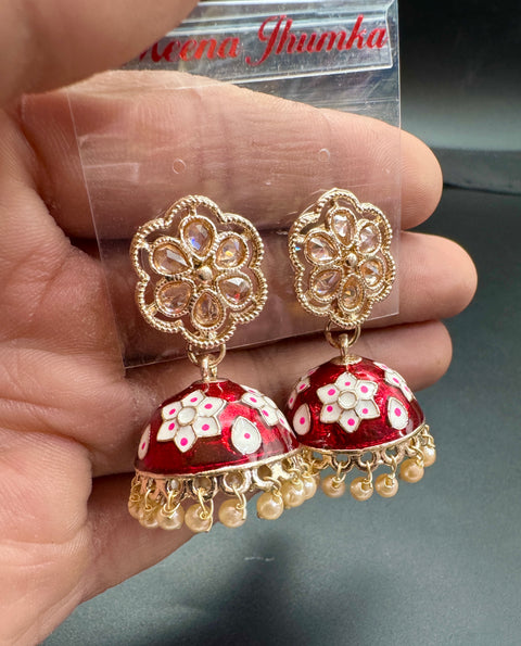 Small size Polki Stone With Pearls Work Beautiful Meenakari Jhumka