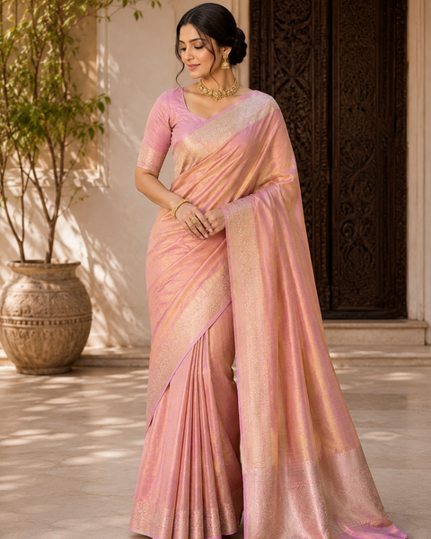 Soft Silk Tissue Saree with Dual Tone Metallic Finish .Model-worn blouse is for reference only. Unstitched blouse piece is attached with saree(slight variation in color & design is possible)