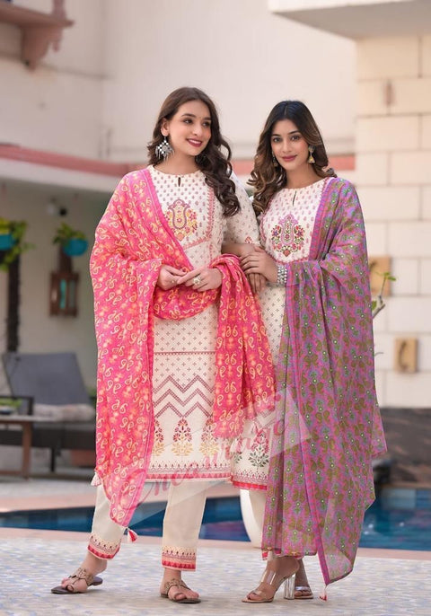 Pure & Soft cotton Based Designer Embroidered & Printed work Kurti With Plazo Pants & Dupatta