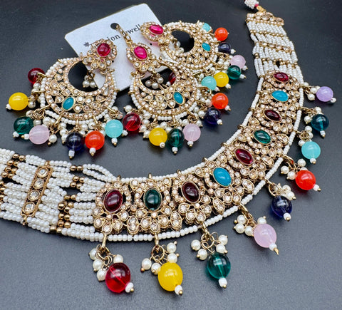 Polki stone with pearls beaded work beautiful choker style necklace with jhumka and tikka set