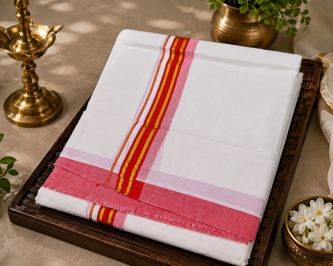 Woven Cotton Kerala Mundu / Dhoti in White ( 4 mtrs )Kurta not included,slight variation is possible