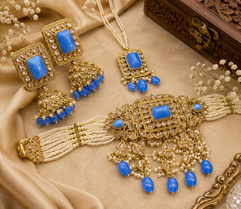 Original polki stone with pearls beaded necklace set with beautiful earrings & tikka