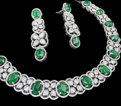 Emerald Green Silver color American Diamond beautiful necklace set with crystal American diamonds