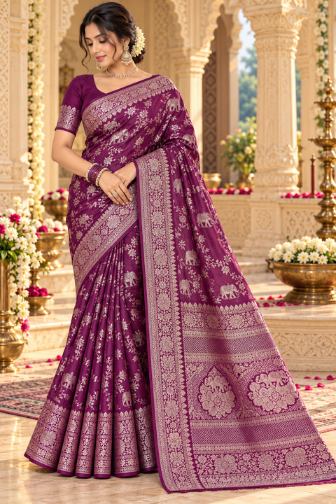 Luxuriously soft silk saree with a smooth, lightweight feel and beautifully flowy drape. Featuring rich woven zari floral motifs and an elegant detailed border .Blouse piece included. Slight variation in colour and design is possible.