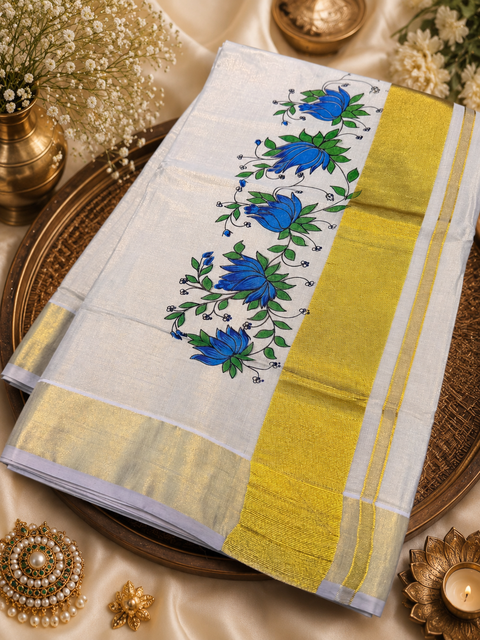 KERALA Gold Tissue SAREE WITH BEAUTIFUL FLORAL PRINT (slight variation in color & design is possible)