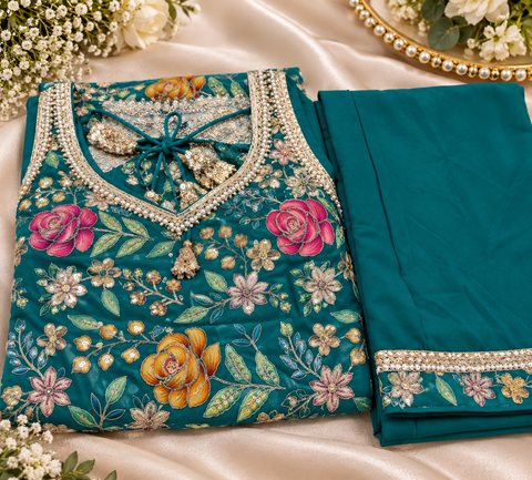 Soft crepe silk embroidery with pearl work kameez with sharara & dupatta. Slight variation in colour and design