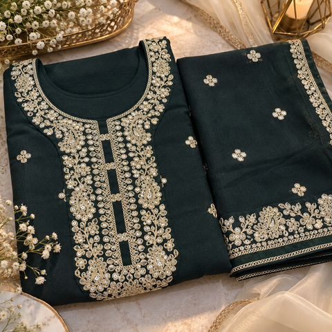 Georgette Silk suit set featuring elegant golden embroidery on the neckline, sleeves and hem, paired with matching pants and a beautifully bordered dupatta.Slight variation in colour and design may be possible.