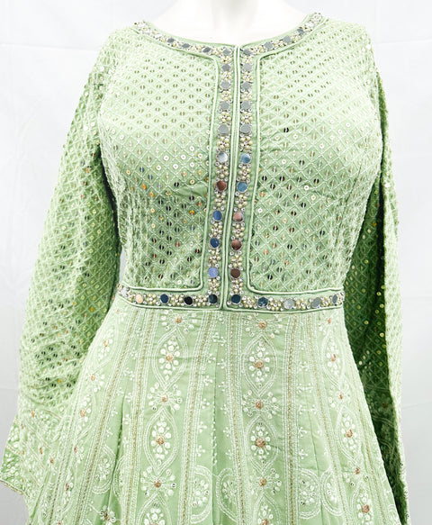 Chiffon based lakhnavi embroidery work with sequins and mirror work design on neck, heavy flared long kameez with heavy embroidery work netting dupatta