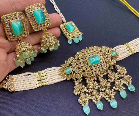 Original polki stone with pearls beaded necklace set with beautiful earrings & tikka