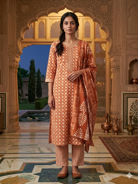 Size 38 Cotton Rayon Based  Embroidery Printed Kurti With Plazo pants & Dupatta