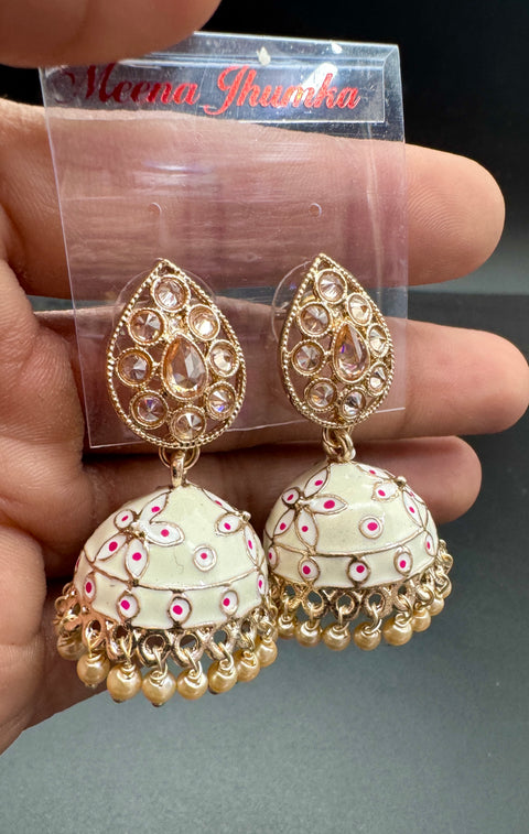 Polki Stone With Pearls Work Beautiful Meenakari Jhumka