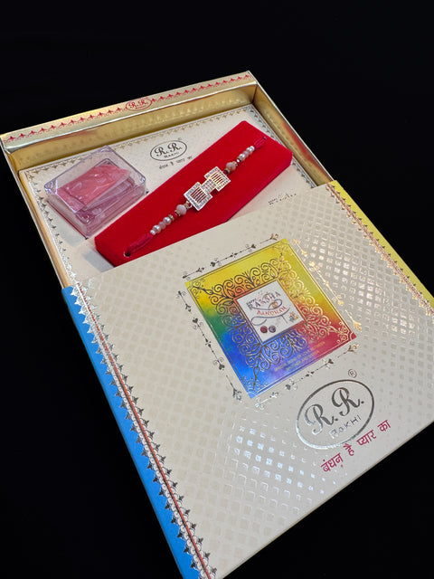 (Video clip attached)AD stone Beautiful Stone Work Rakhi in nice pack gift box with Mishri, Sindoor, Rice, Chandan