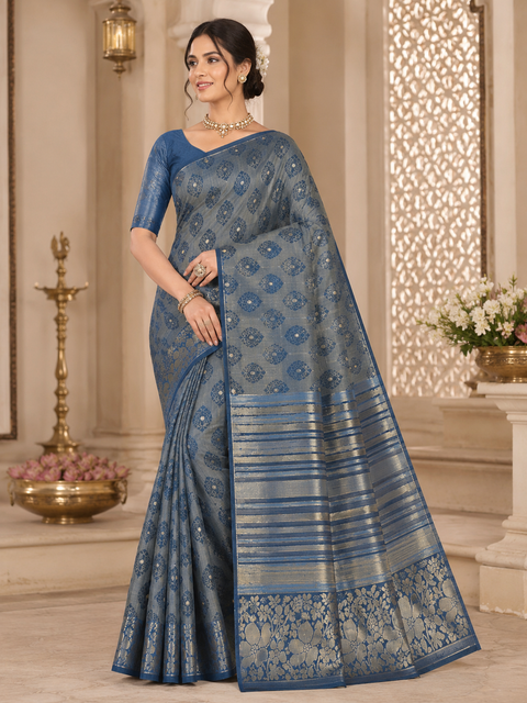 Art silk saree,woven pallu and intricate border.Comes with attached blouse piece (model blouse for reference only)Slight color in color and design may be possible)