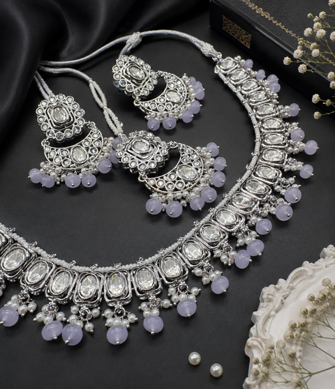 Original Polki stone with pearls beaded necklace with earrings and tikka set