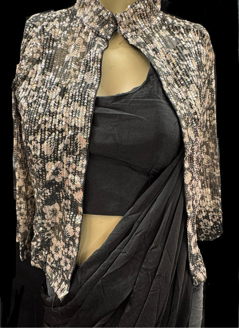 Lycra Blouse with Readymade saree and Malmal Georgette sequined work Floral design Jacket