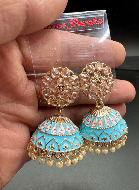 Polki Stone With Pearls Work Beautiful Meenakari Jhumka