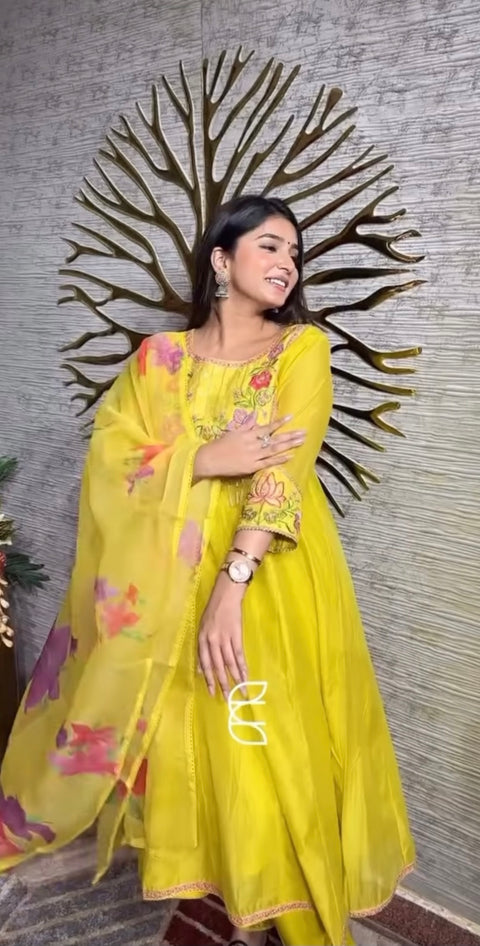 (Video Clip attached)Plus size Pure and soft Chanderi Silk based beautiful embroidery work flared kameez & Plazo pants with beautiful floral print organza Dupatta