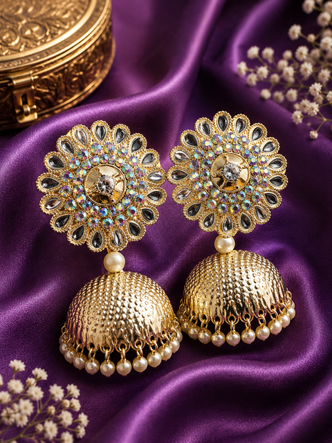 Lite Golden color Pearls & Stone Design Beautiful Jhumka very lite weight