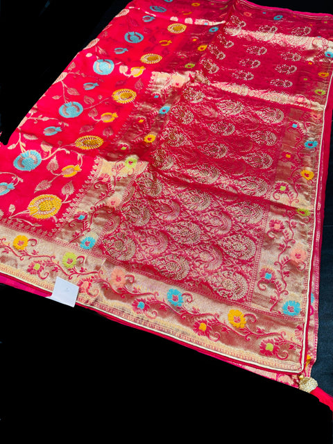 Magenta Pink color Floral design Soft organza Silk brocade saree with stone work and tessels attach on Pallu