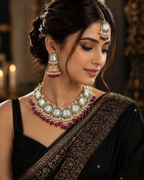Uncut Kundan studded & pearls work designer heavy work Necklace set with beautiful Earrings & Tikka