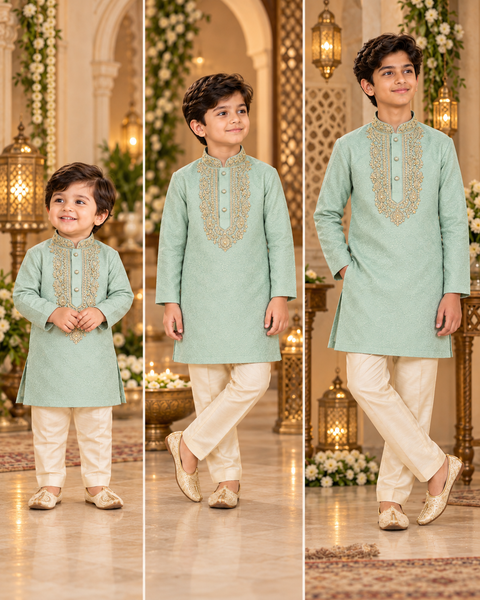 Soft jacquard silk-blend kurta with gold embroidery and Comes with a cream-golden pajama.
Slight variation in colour and design is possible.