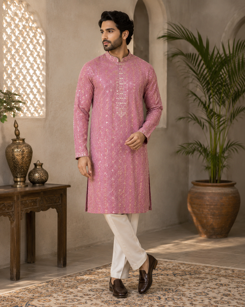 Pure Rayon Based Beautiful Embroidery Work At Front And Back With Sequins Work Designer Kurta & cream Pajama (slight variation in color and design is possible)
