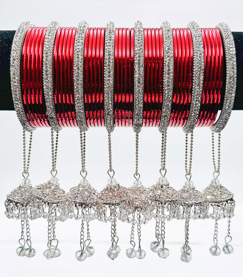 Beautiful Silver fine stone shiny Brass Bangles with Beautiful Latkan set (Sample picture attached at end to show it can be customised with plain Velvet or Metal Bangles)set of 4 Bangles
