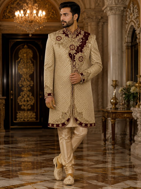 Premium gold jacquard sherwani with intricate maroon embroidery and regal handwork, designed for an elegant and luxurious wedding look. Slight variation in color and design may occur.