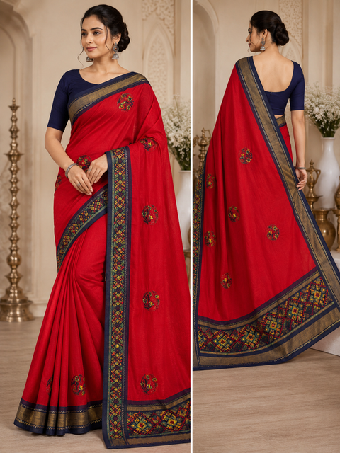 Red and nevi blue colour very soft crepe georgette beautiful print saree with fine stone work. Blouse Worn By The Model Is For Reference Purposes Only. The Blouse Piece Is Attached Separately With The Saree. Slight Variation In Color And Design May occur