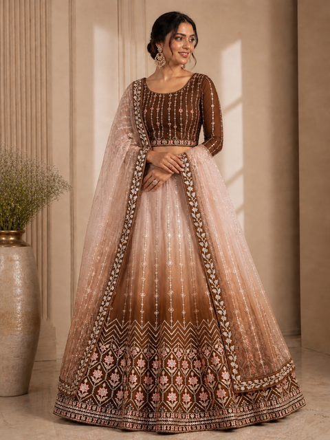 Ombré shades Netting based embroidery work multiflared beautiful lehnga with embroidery work design in blouse and embroidery dupatta (Unstitched Lehnga)