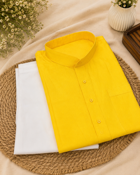 Yellow color Pure cotton based plain Kurta with white pajama ((slight variation in color and design is possible)