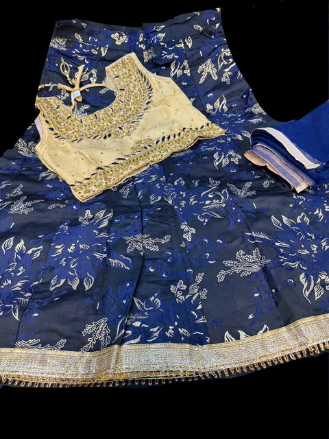Golden Colour Silk Based Stone Work Blouse With Dark Blue Brocade Silk Lehnga