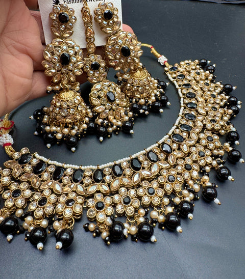 Polki stone with pearls beaded work beautiful necklace with jhumka and tikka set