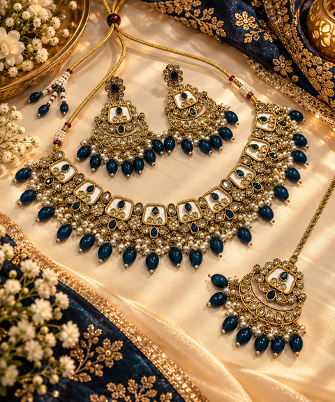 Beautiful polki stones with pearls and colorful stones necklace & earrings with Tikka. Slight variations in colour and design are possible